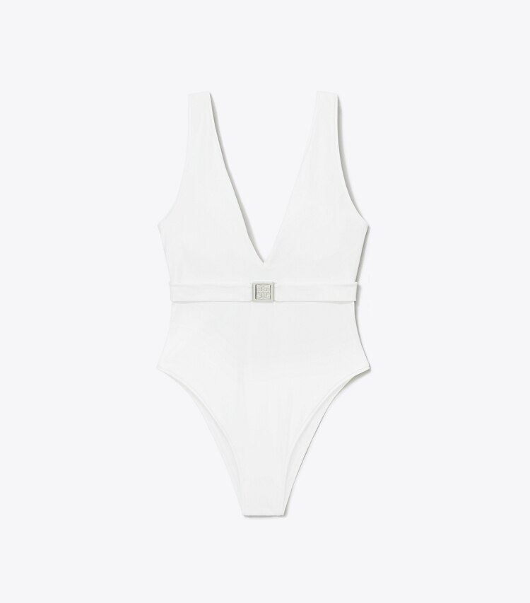Tory Burch designer une pièce Maillot de bain ceinturé à logo dans White de face