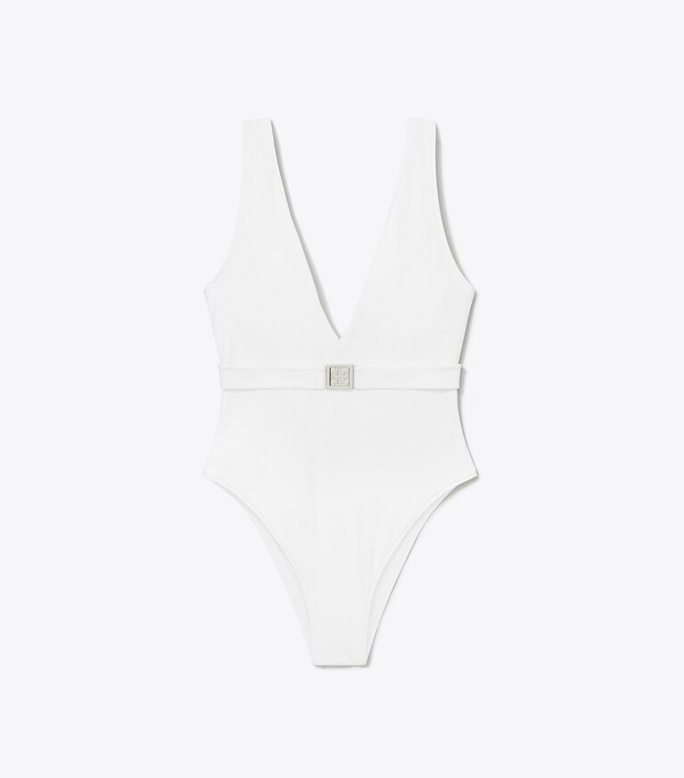 Tory Burch designer une pièce Maillot de bain ceinturé à logo dans White de face