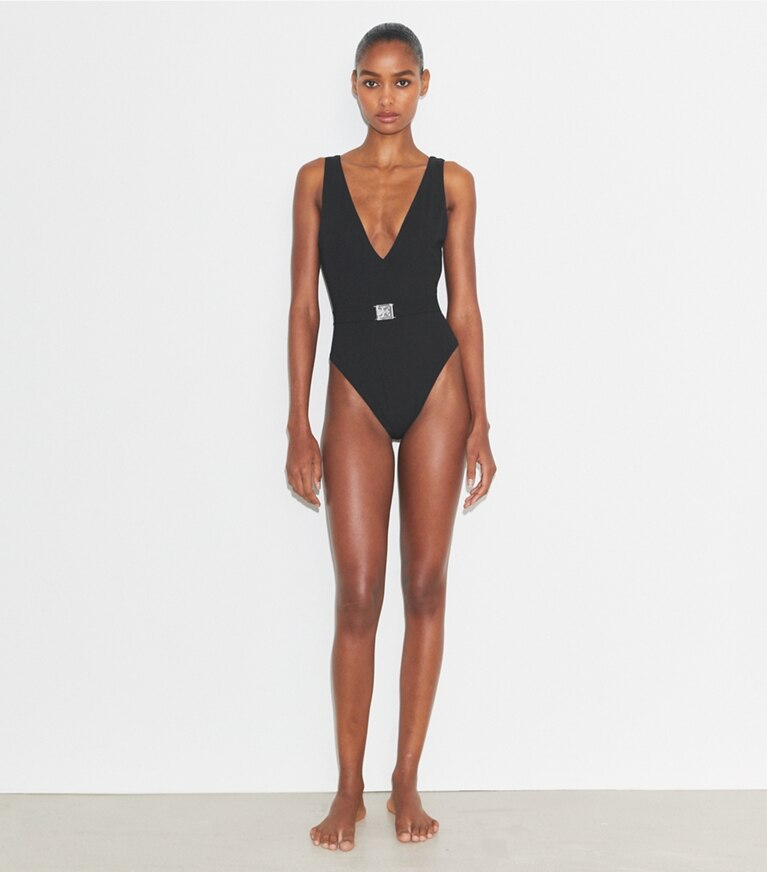Tory Burch designer une pièce Maillot de bain ceinturé à logo in Black front