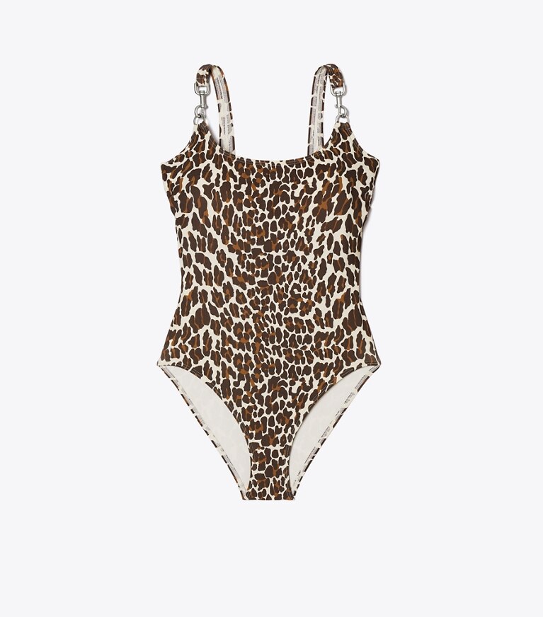 Tory Burch designer une pièce Maillot de bain débardeur à clip imprimé dans Reva Leopard de face