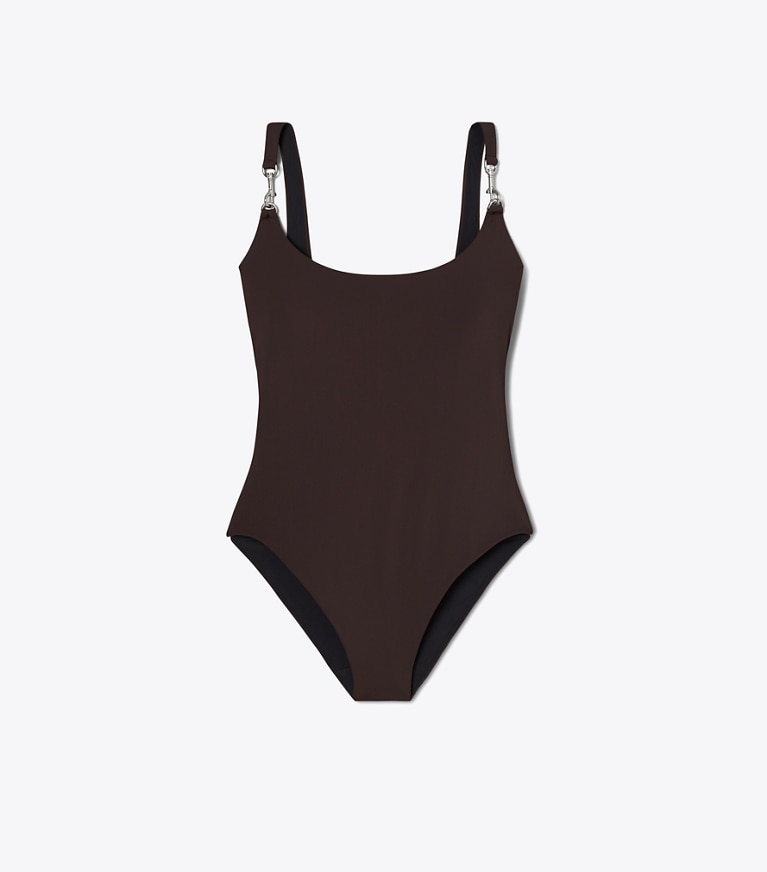 Tory Burch designer une pièce Maillot de bain débardeur Clip dans Dark Brown de face