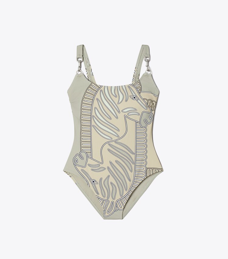 Tory Burch designer une pièce Maillot de bain débardeur imprimé à clip dans Khaki Zebra Scarf de face