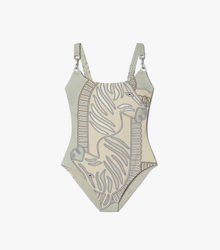 Tory Burch designer une pièce Maillot de bain débardeur imprimé à clip dans Khaki Zebra Scarf de face