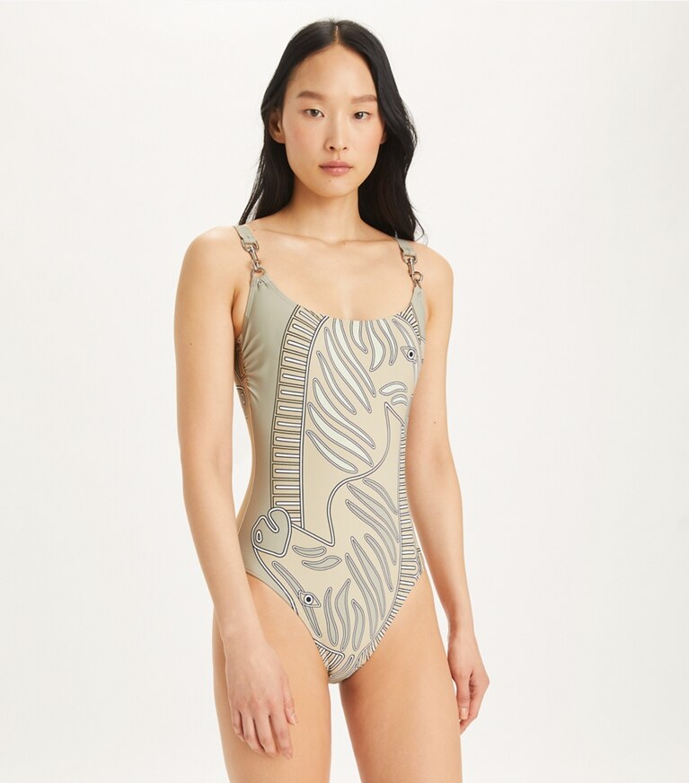 Tory Burch designer une pièce Maillot de bain débardeur imprimé à clip dans Khaki Zebra Scarf détail sur modèle