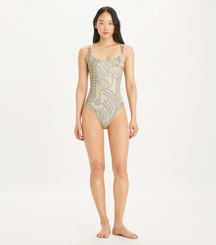 Tory Burch designer une pièce Maillot de bain débardeur imprimé à clip dans Khaki Zebra Scarf sur modèle, de face