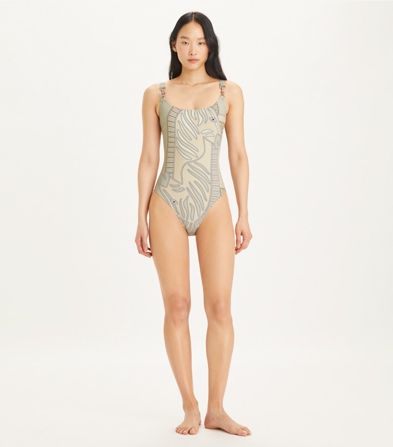 Tory Burch designer une pièce Maillot de bain débardeur imprimé à clip dans Khaki Zebra Scarf sur modèle, de face