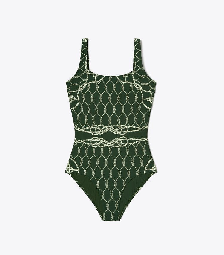 Tory Burch designer une pièce Maillot de bain débardeur imprimé dans Green Rope de face