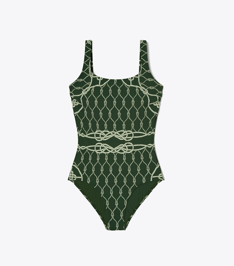 Tory Burch designer une pièce Maillot de bain débardeur imprimé dans Green Rope de face