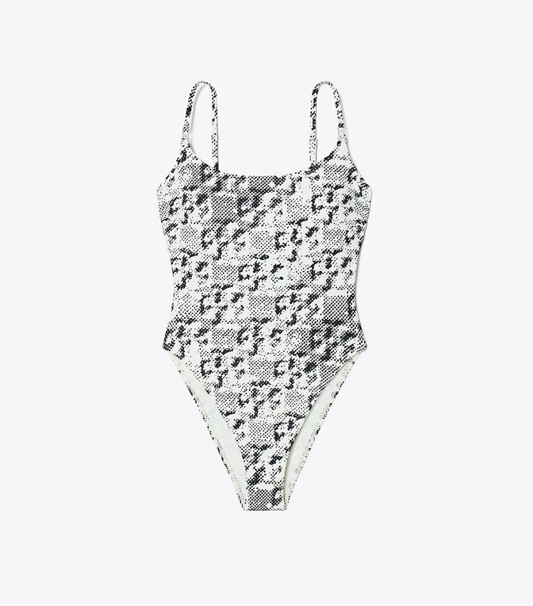 Tory Burch designer une pièce Maillot de bain Gemini Link dans New Ivory Distressed Pixelated Logo de face