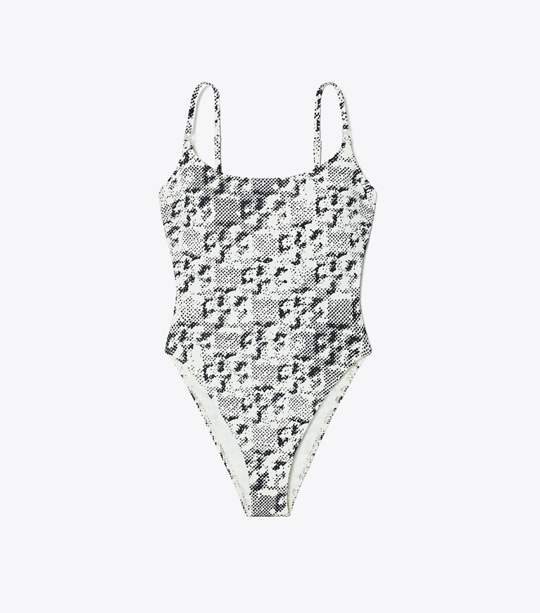 Tory Burch designer une pièce Maillot de bain Gemini Link dans New Ivory Distressed Pixelated Logo de face