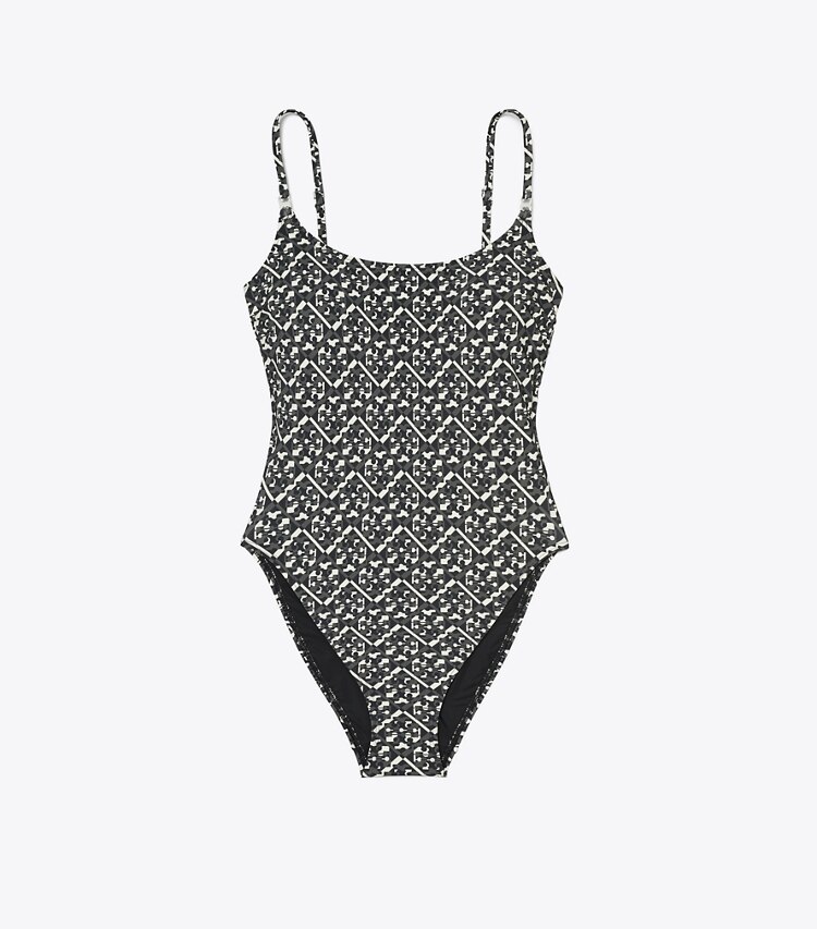Tory Burch designer une pièce Maillot de bain imprimé Gemini in Black Prismatic T Monogram Small front