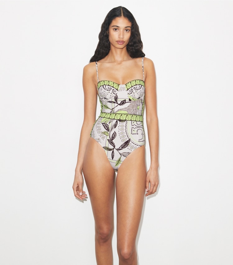 Tory Burch designer une pièce Maillot de bain imprimé in Mint Cockatoo on model detail