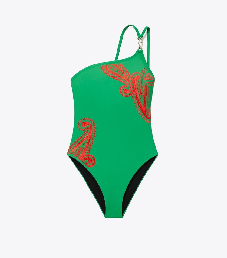 Tory Burch designer une pièce Maillot de bain une épaule à clip dans Spring Jade Paisley de face