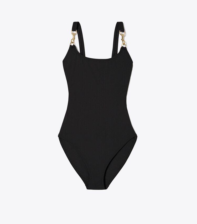Tory Burch designer une pièce Maillot de bain une pièce à mousquetons in Black / Gold front