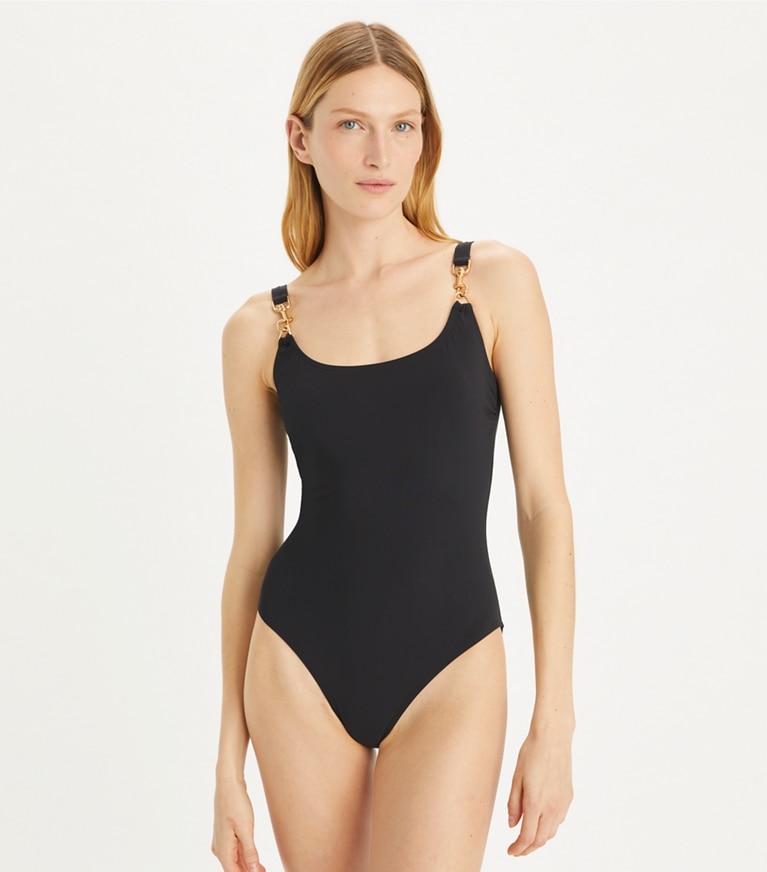 Tory Burch designer une pièce Maillot de bain une pièce à mousquetons in Black / Gold front