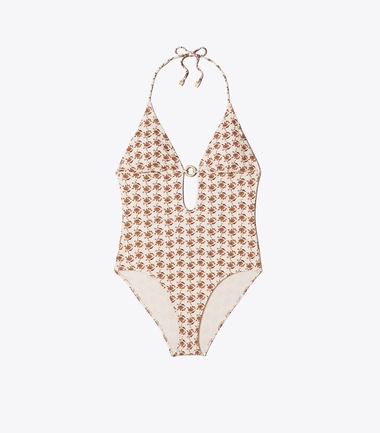 Tory Burch designer une pièce Maillot de bain une-pièce imprimé à anneau dans Curly Ditsy Logo de face