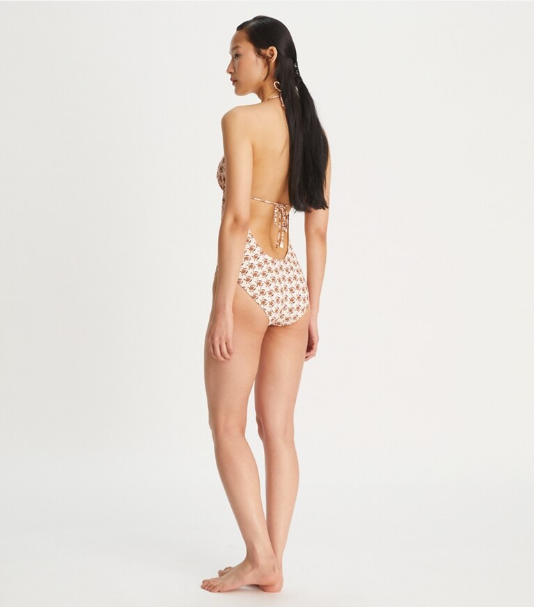 Tory Burch designer une pièce Maillot de bain une-pièce imprimé à anneau dans Curly Ditsy Logo sur modèle, de dos