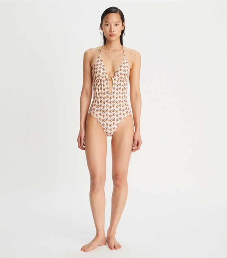 Tory Burch designer une pièce Maillot de bain une-pièce imprimé à anneau dans Curly Ditsy Logo sur modèle, de face