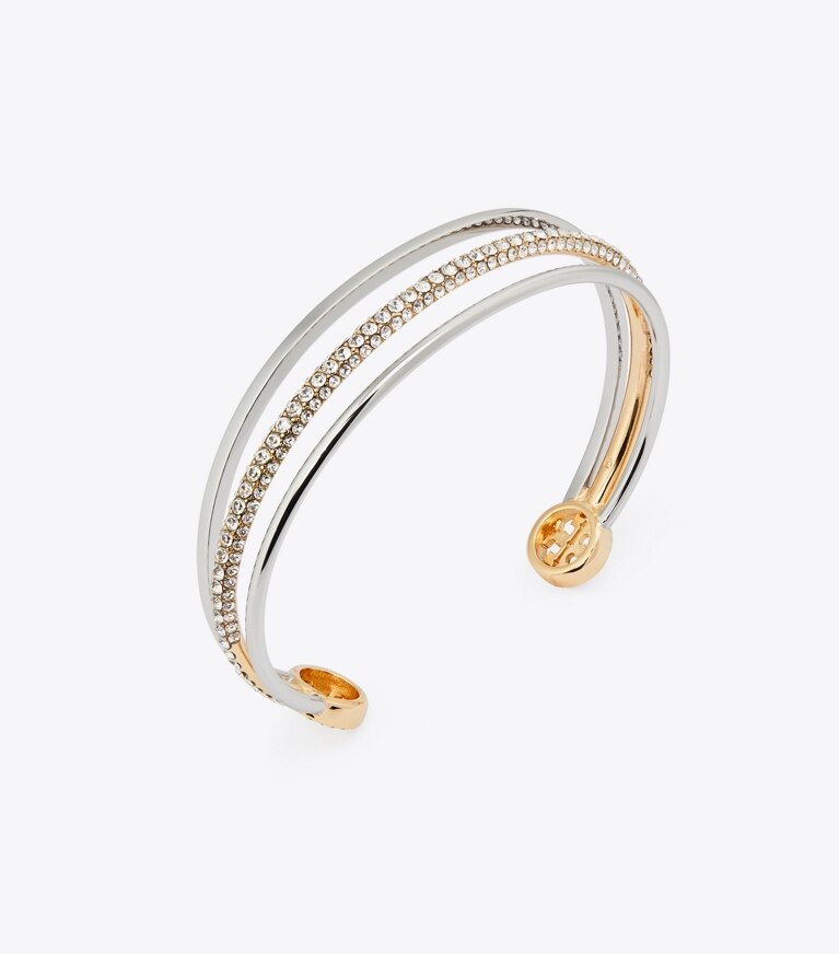 Tory Burch designer bracelets Manchette à pavé Icon dans Tory Silver / Tory Gold / Crystal détails