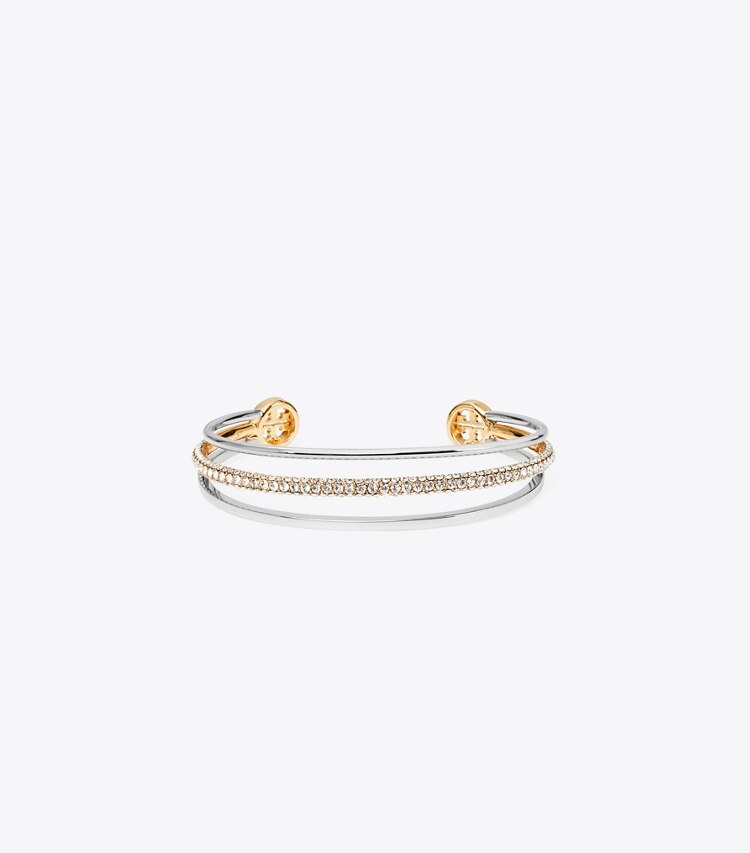 Tory Burch designer bracelets Manchette à pavé Icon dans Tory Silver / Tory Gold / Crystal de face