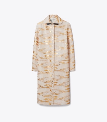 Tory Burch designer manteaux Manteau cocon en jacquard dans Peach Lounging Lady de face