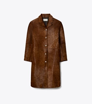 Tory Burch designer manteaux Manteau en cuir de veau façon poulain dans Cinnamon de face
