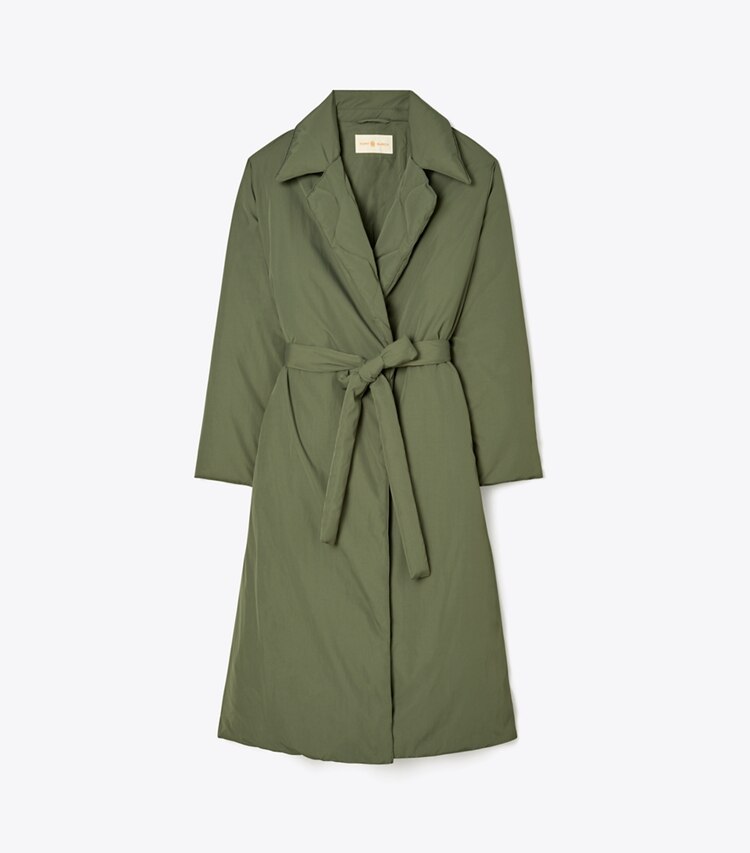 Tory Sport designer manteaux Manteau en duvet matelassé réversible surdimensionné dans Mountain Fern de face