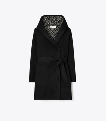 Tory Burch designer manteaux Manteau en laine à capuche in Black/Gray T Monogram front
