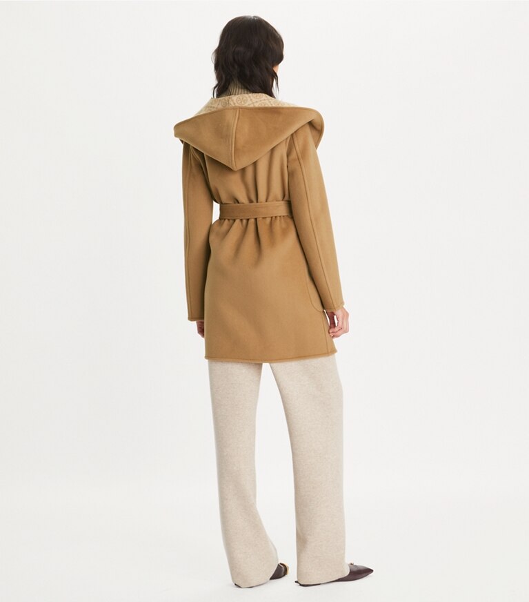 Tory Burch designer manteaux Manteau en laine à capuche in Beige T-Monogram front