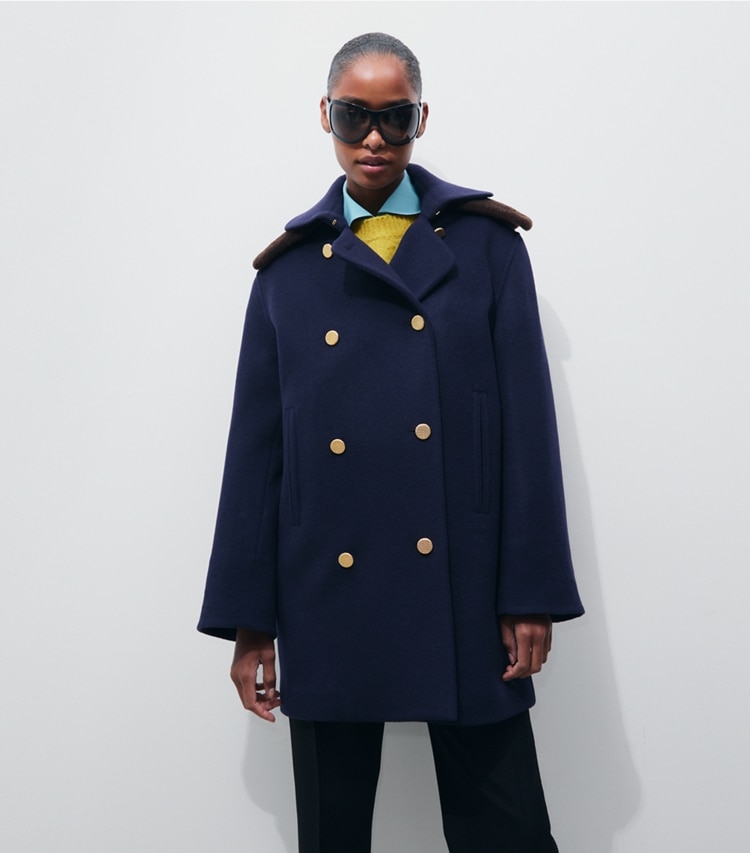Tory Burch designer manteaux Manteau en laine structuré dans Medium Navy détail sur modèle