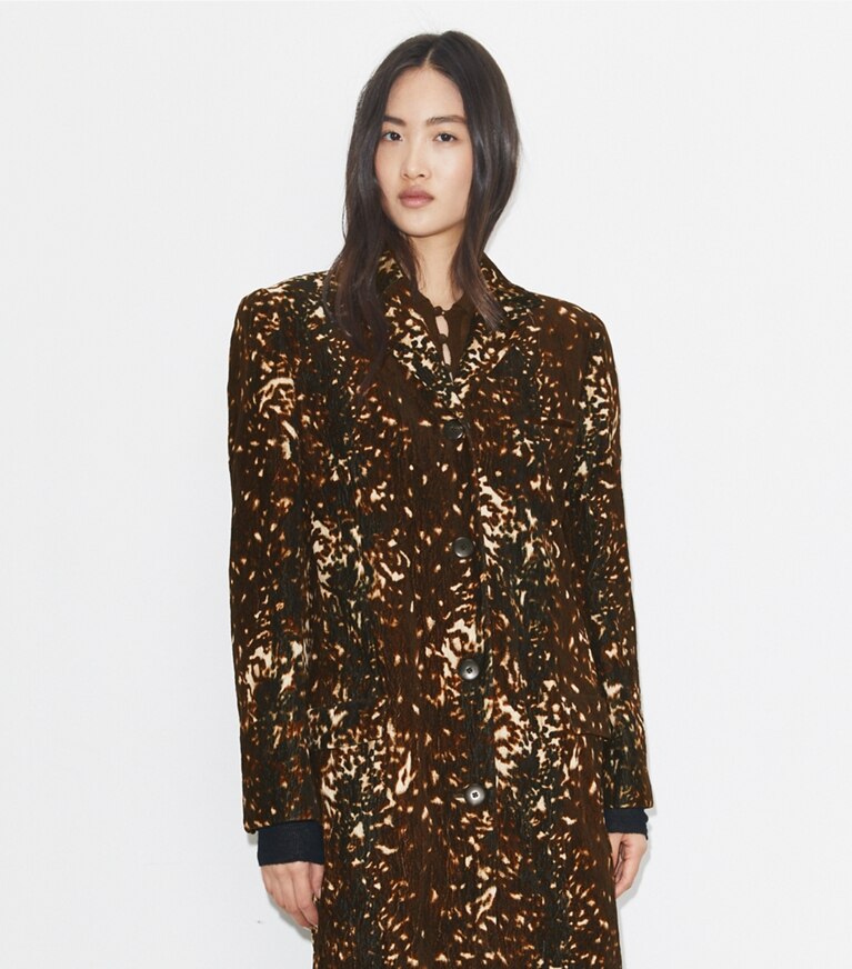 Tory Burch designer manteaux Manteau en velours de coton in Chocolate Brown Fawn front