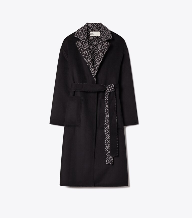 Tory Burch designer manteaux Manteau portefeuille en laine T Monogram in Black/T Monogram Jacquard Combo D front