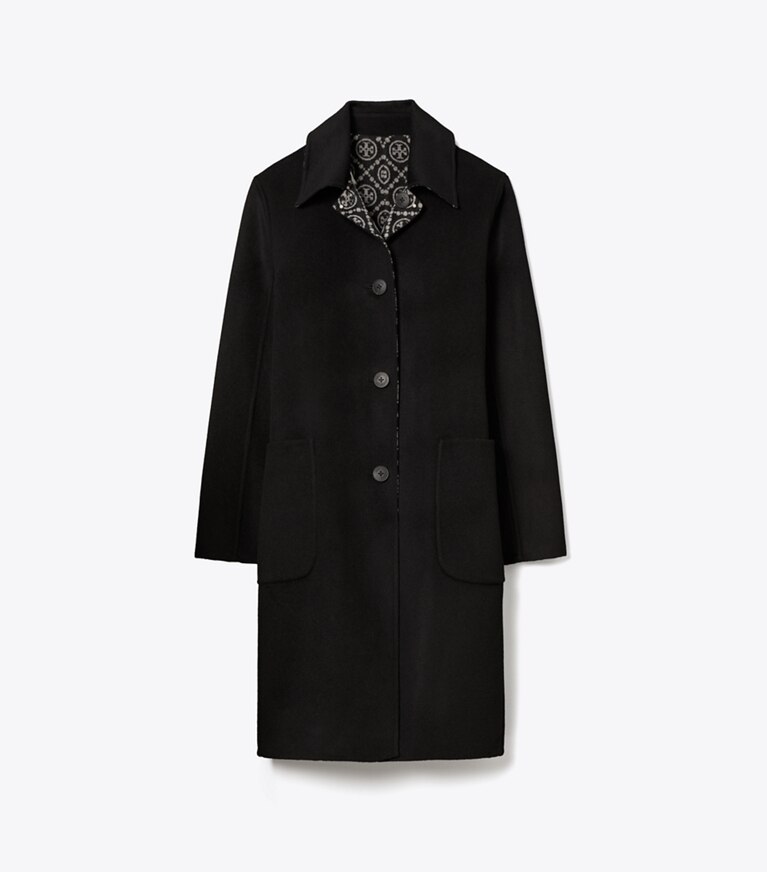 Tory Burch designer manteaux Manteau réversible en laine avec motif jacquard T Monogram in Black/T Monogram Jacquard Combo D front