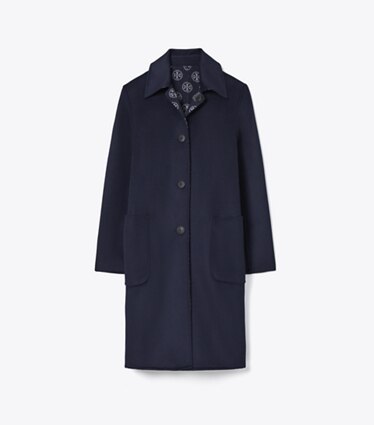 Tory Burch designer manteaux Manteau T Monogram en laine jacquard in Medium Navy/T Logo front