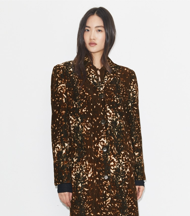 Tory Burch designer mäntel Mantel aus Baumwollsamt in Chocolate Brown Fawn front