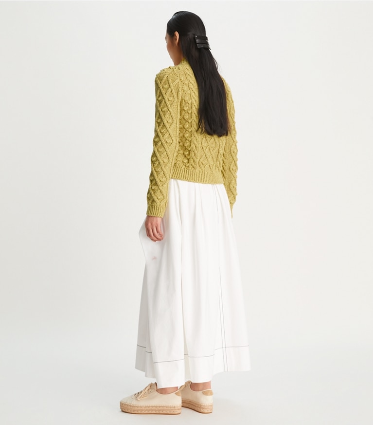Tory Burch designer sweaters Marled Crewneck Cardigan in Yellow Gleam / Coast Tan front