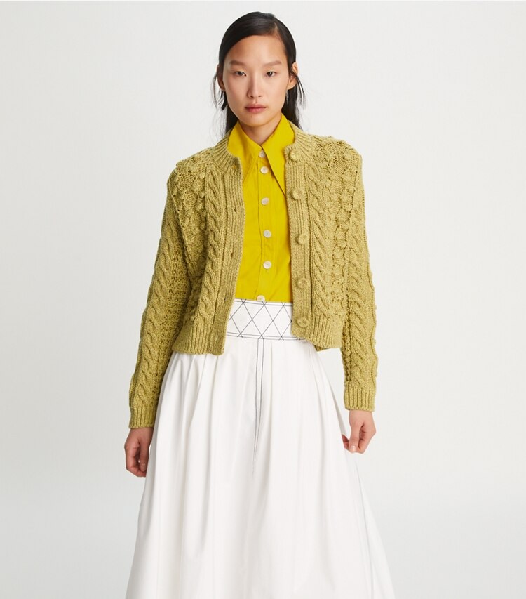 Tory Burch designer sweaters Marled Crewneck Cardigan in Yellow Gleam / Coast Tan on model detail