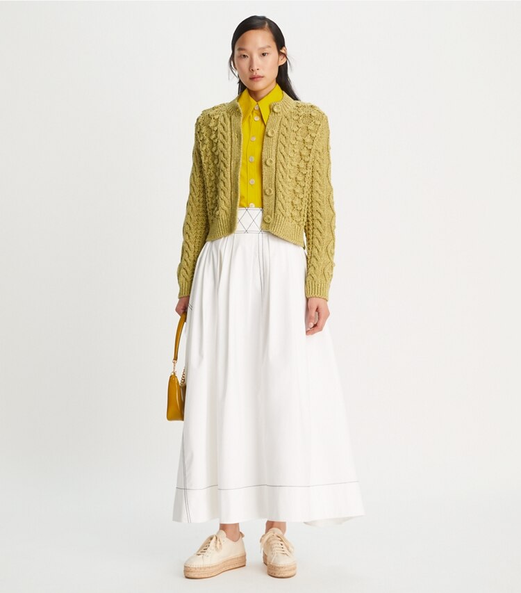 Tory Burch designer sweaters Marled Crewneck Cardigan in Yellow Gleam / Coast Tan on model front