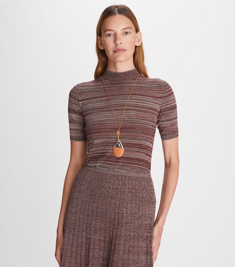 Tory Burch designer sweaters Marled Mock-Neck in Abalone Ivory / Dark Rustic Red / Black on model detail