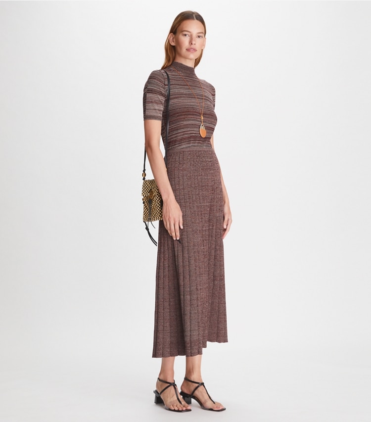 Tory Burch designer bottoms Marled Rib Skirt in Abalone Ivory / Dark Rustic Red / Black on model front