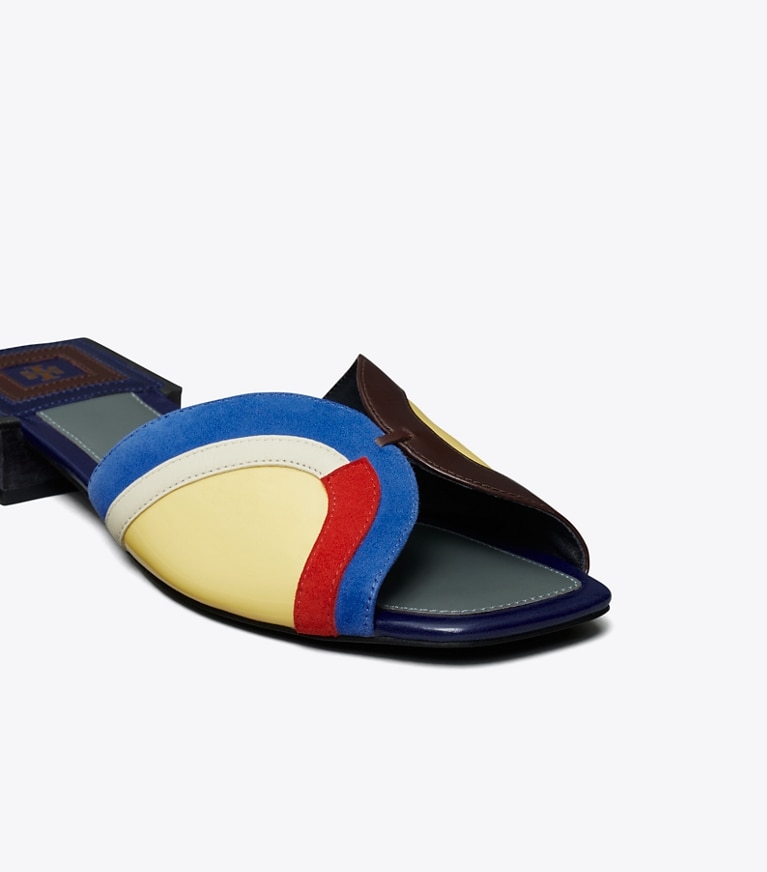 Tory Burch designer sandals Marquetry Slide Sandal in BLUE NIGHTS AMORE / NEW IVORY / TRIPLE R angle
