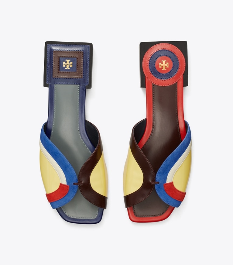 Tory Burch designer sandals Marquetry Slide Sandal in BLUE NIGHTS AMORE / NEW IVORY / TRIPLE R angle
