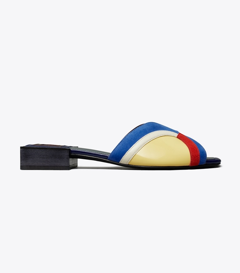 Tory Burch designer sandals Marquetry Slide Sandal in BLUE NIGHTS AMORE / NEW IVORY / TRIPLE R angle