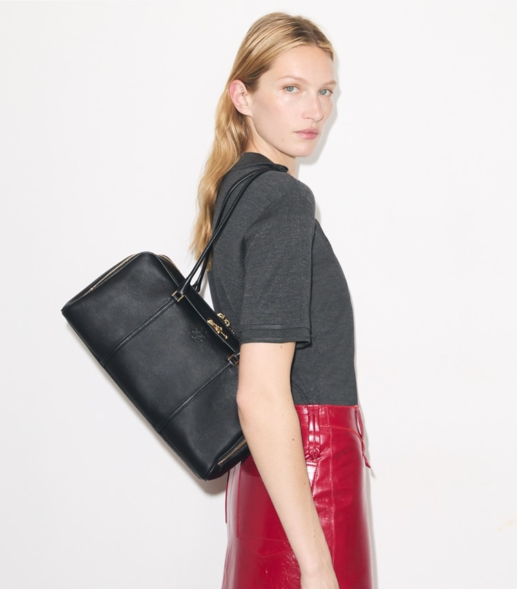 Tory Burch designer satchels Marshmallow Satchel in Black accessory on model