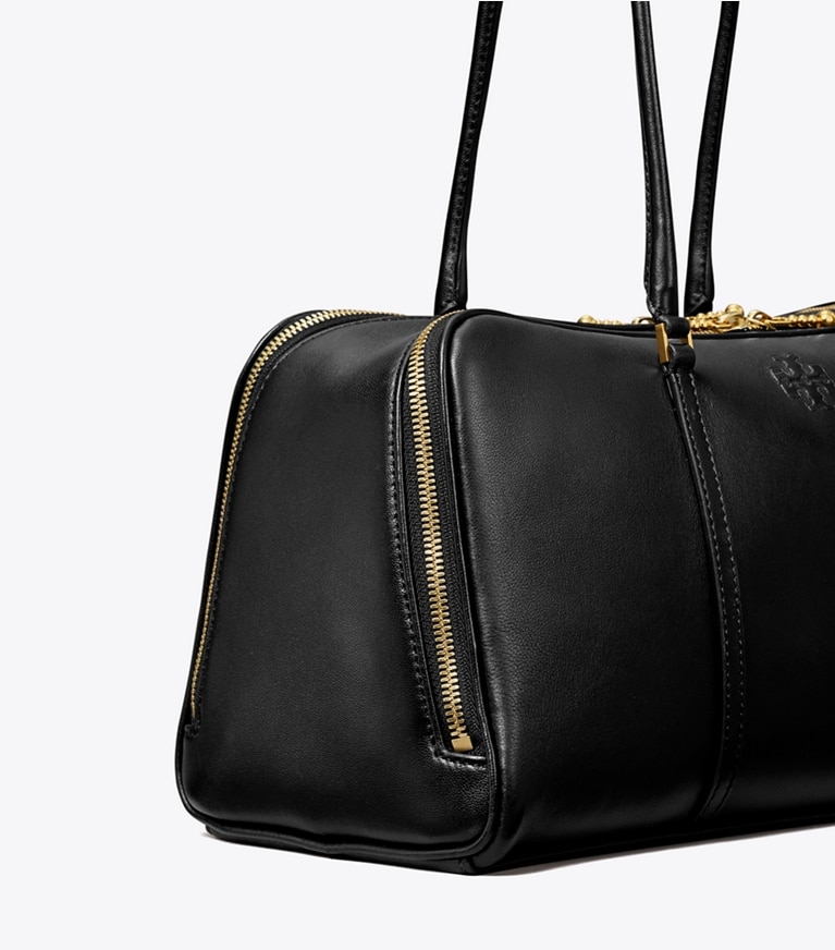Tory Burch designer satchels Marshmallow Satchel in Black / Tempranillo angle