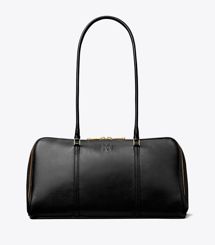 Tory Burch designer satchels Marshmallow Satchel in Black / Tempranillo front