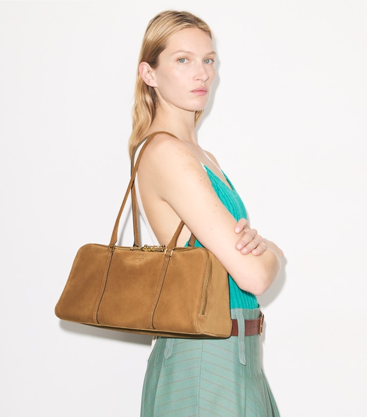 Tory Burch designer satchels Marshmallow Suede Satchel in CHICORY BROWN accessory on model