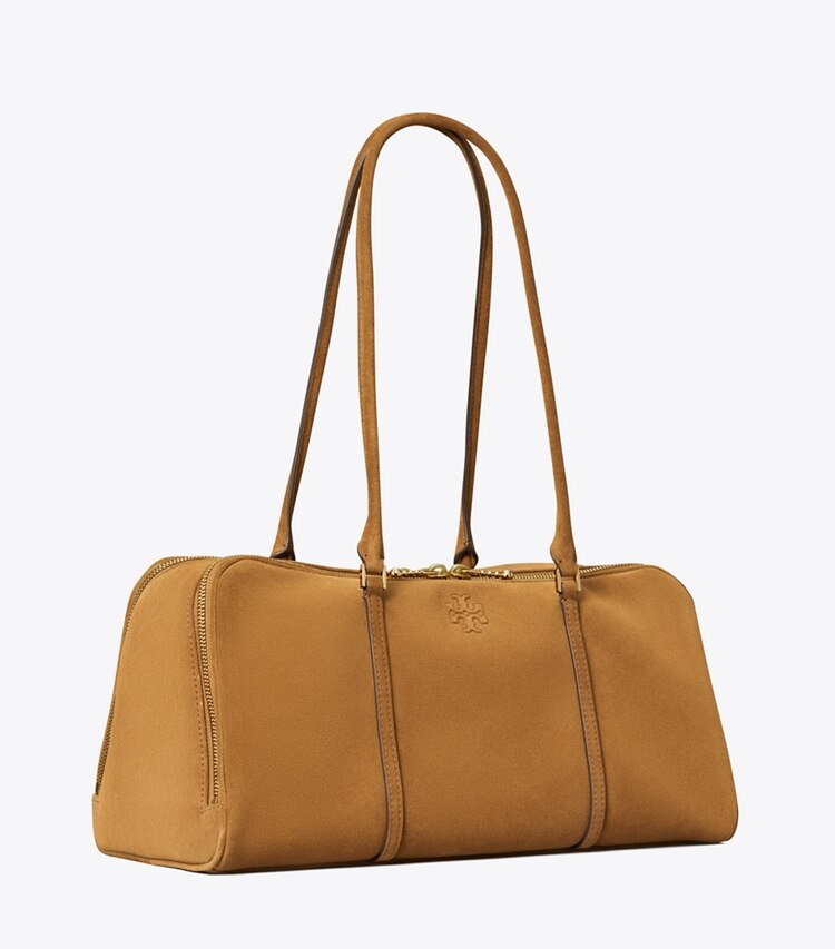 Tory Burch designer satchels Marshmallow Suede Satchel in CHICORY BROWN angle