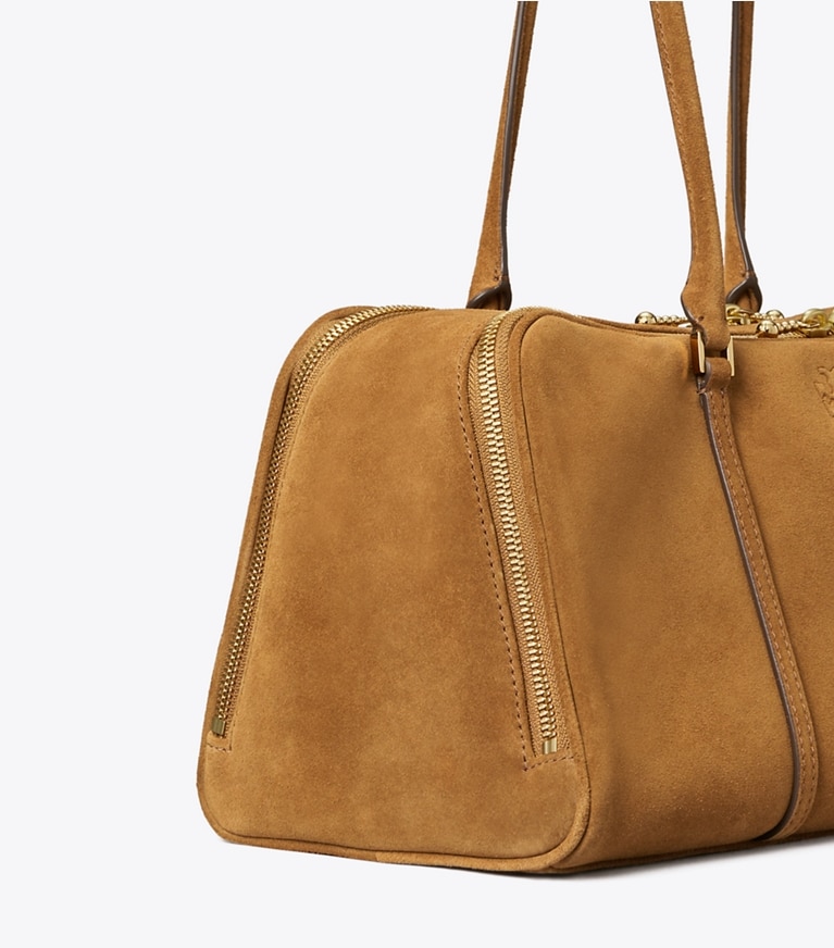 Tory Burch designer satchels Marshmallow Suede Satchel in CHICORY BROWN angle