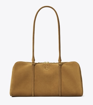 Tory Burch designer satchels Marshmallow Suede Satchel in CHICORY BROWN front